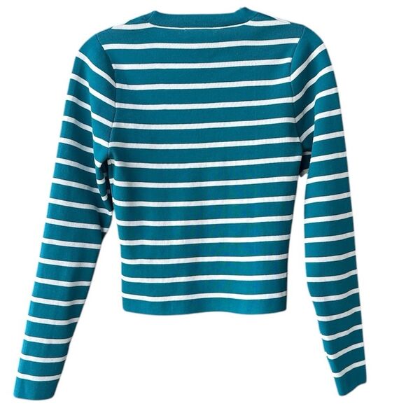 Happily Grey Striped Crop Long Sleeve Top Blue White Size L - Picture 2 of 5